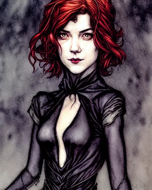 Image similar to style of arthur rackham, artgerm, steve niles : : gorgeous mary elizabeth winstead : : evil sorceress, swirling black magic, black dress : : symmetrical face, symmetrical eyes : : full body pose : : gorgeous red hair : : cinematic lighting : :