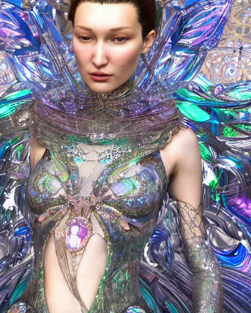 Image similar to a highly detailed metahuman 8 k close up render of bella hadid as alice in wonderland renaissance in iris van herpen dress schiaparelli in diamonds crystals swarovski and jewelry iridescent in style of alphonse mucha gustav klimt trending on artstation made in unreal engine 4