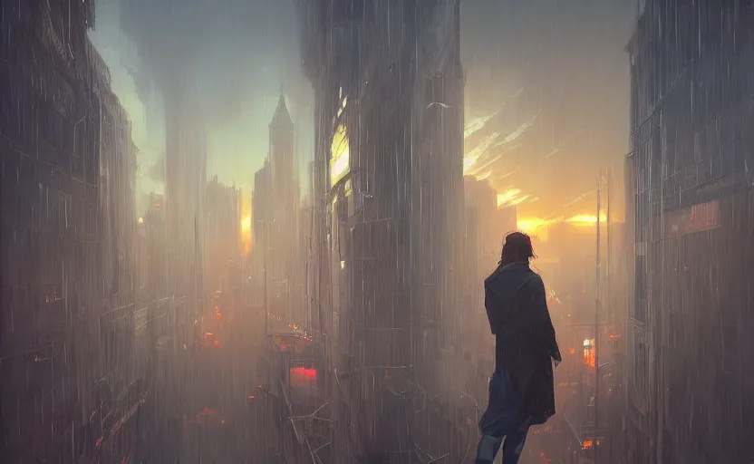 Prompt: flying through city with umbrella, moody sunset, late night, detailed medium poly characters, by greg rutkowski, alphonse mucha, beeple, sharp focus, digital art, smooth, light refraction, pixiv art, volumetric lighting, makoto shinkai