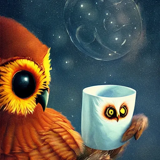 Image similar to long shot of a very cute owl chick nesting in a very futuristic cup, esao andrews, humorous illustration, hyperrealistic, big depth of field, warm colors, night scenery, low light, 3 d octane render, 4 k, conceptart, hyperdetailed, hyperrealistic, trending on artstation