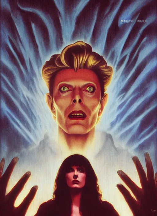 Image similar to twin peaks poster art, david bowie is confronted by the gatekeeper, old retro pulp, by michael whelan, rossetti bouguereau, artgerm, retro, nostalgic, old fashioned