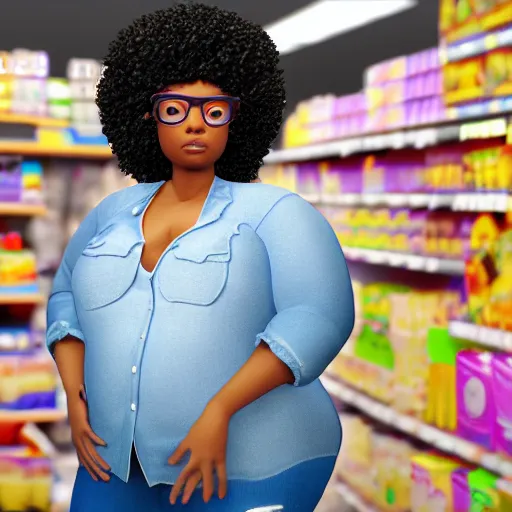 Image similar to high quality, highly detailed, still of black bbw woman in wal-mart follow shot, 3d, in the style of pixar, comic book style, 3d, highly detailed, 16k resolution, octane renderer, coherent