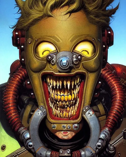 Image similar to junkrat from overwatch, closed mouth smile, character portrait, portrait, close up, concept art, intricate details, highly detailed, vintage sci - fi poster, in the style of chris foss, rodger dean, moebius, michael whelan, and gustave dore