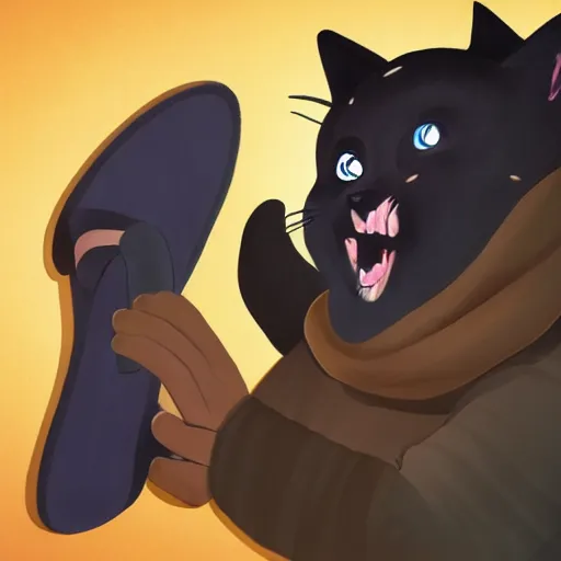 Prompt: a cat person with black fur, wearing flip flops, laughing maniacally as he casts magic spells, featured on artstation, 8k, digital art