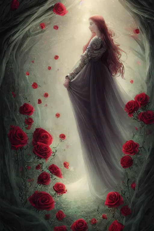 Image similar to elegant fairytale tower covered in roses, full body portrait of medieval princess, cottagecore, nostalgia of a fairytale, Exquisite, dramatic lighting, black paper, by Charlie Bowater, Anato Finnstark, Brom