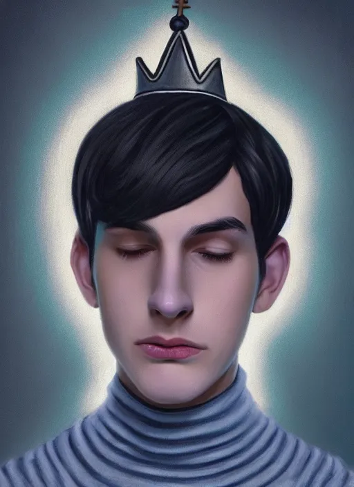 Image similar to portrait of teenage jughead jones wearing a light grey crown, crown, blue turtleneck, 1 9 5 0 s, closed eyes, photorealistic, black hair, glowing lighting, intricate, elegant, glowing lights, highly detailed, digital painting, artstation, concept art, smooth, sharp focus, illustration, art by wlop, mars ravelo and greg rutkowski