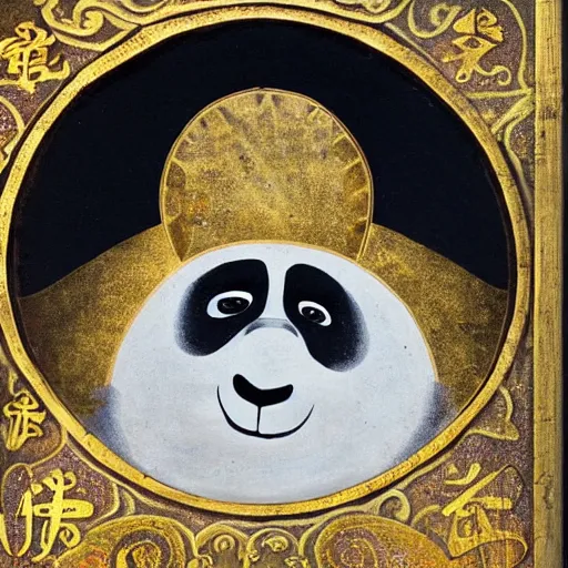 Prompt: a religious icon of kung fu panda with a halo, coal on wood, russia, 1 6 0 0