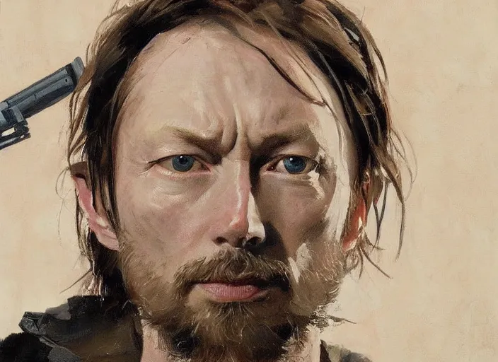 Image similar to a highly detailed beautiful portrait of thom yorke with a gun, by gregory manchess, james gurney, james jean