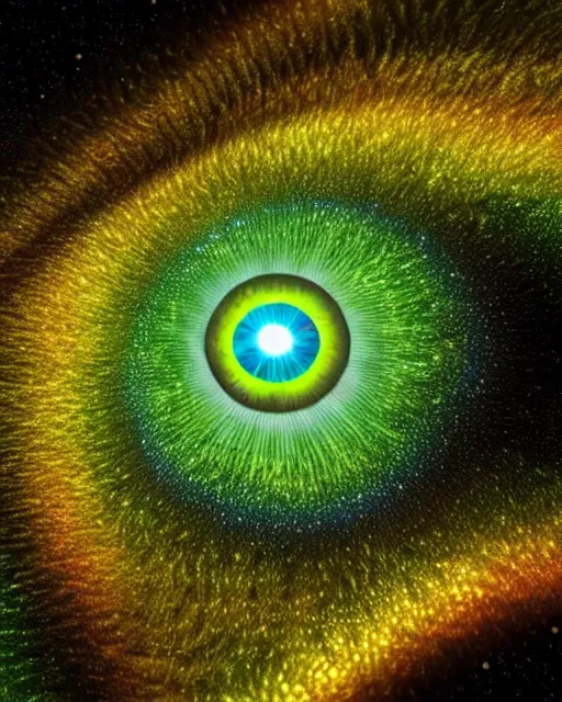 Image similar to a closeup of green eye reflecting a sky full of stars aticama desert, hyper realistic, fractal algorightmic art, art station, coherent design, symmetrical, vivid color, complementary color, golden ratio, detailed, sharp lines, intricate, rainbowshift, in unreal 3 d engine, nvidia optix, ray tracing, octane render