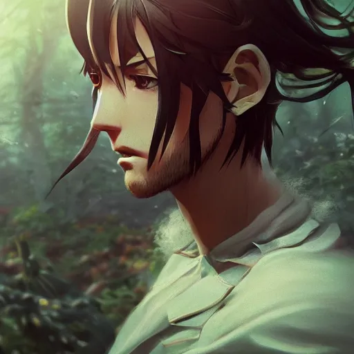 Image similar to insanely detailed. by wlop, ilya kuvshinov, krenz cushart, greg rutkowski, pixiv. zbrush sculpt, octane, maya, houdini, vfx. close - up gorgeous attractive cg anime male character with long hair, parted in the middle, with brilliant green glowing eyes. cinematic dramatic atmosphere, sharp focus, volumetric lighting.