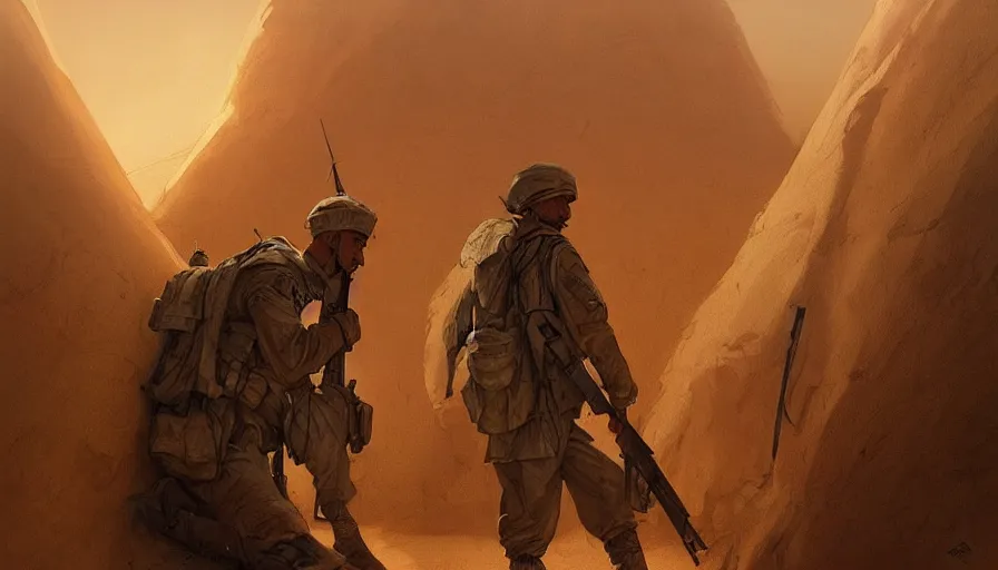 Prompt: beautiful digital painting of a soldier in a trench waiting for the war to end, in the sahara desert. cinematic lighting, atmospheric, concept art by artgerm and greg rutkowski,,