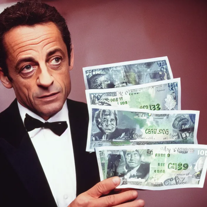 Image similar to movie still of Nicolas Sarkozy with cocaine and bank notes in Scarface, cinestill 800t 18mm heavy grain, 70s movie