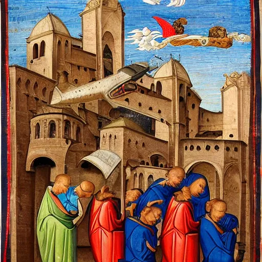 Image similar to flying car in medieval religious art monks and nuns