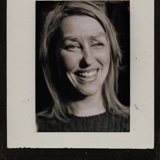 Prompt: portrait of smiling woman. photo, surreal, harsh lighting. polaroid type 6 0 0. fear. unnerving. supernatural. horror.