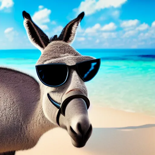 Prompt: A Donkey wearing cool glasses lying on a beach sun bed, 8k, highly detailed, ray tracing