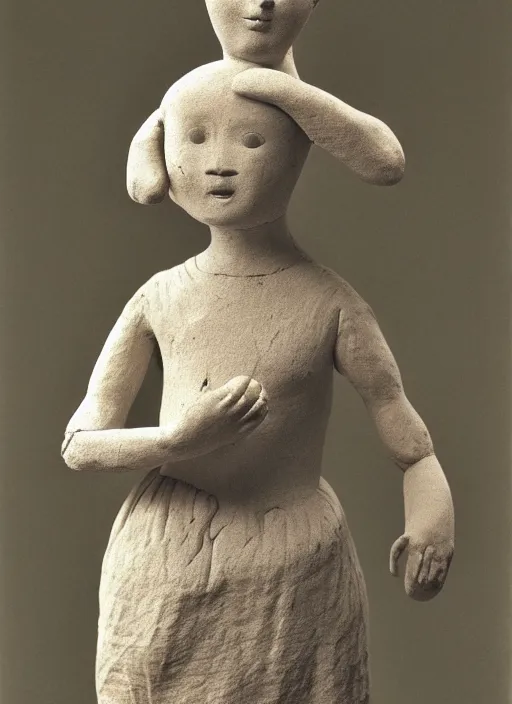 Image similar to realistic photo of a a ancient girl sculpture doll made of white clay, holding a pigeon, greyscale grain 1 9 6 0, life magazine photo, natural colors, metropolitan museum, kodak