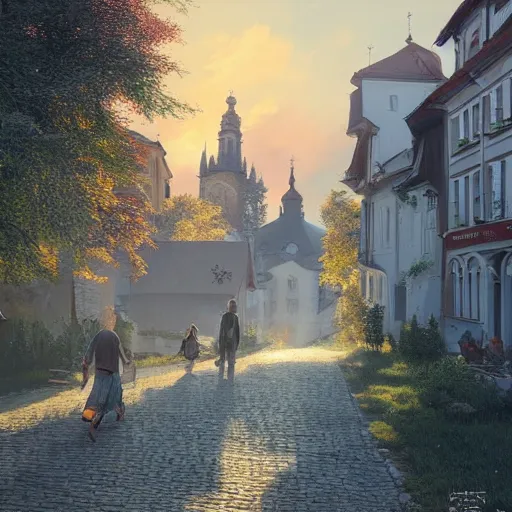 Prompt: a beautiful hyper realistic photo of banska stiavnica in summer with old houses and trees in sunset, sky, people walking on street, unreal engine, by greg rutkowski and james gurney, artstation