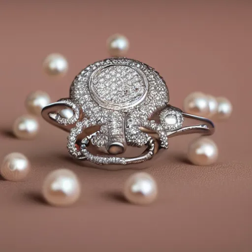 Prompt: hd photo of a diamond futuristic ring with tentacles and pearls by cartier, denoise, deblur