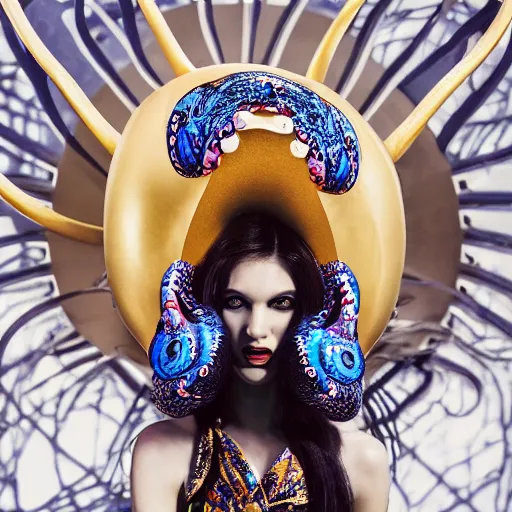 Image similar to close up of a female fashion model in year 3000 in art-deco entrance hall, model wearing a huge surreal Avant-garde helmet that looks like an octopus colored gold, photography , official Versace editorial , highly detailed