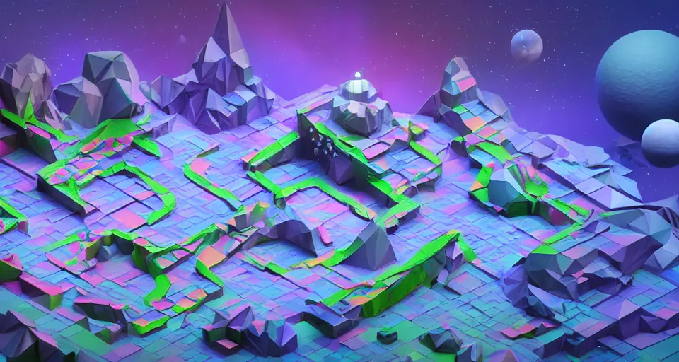 Prompt: a beautiful isometric 3 d artwork, low poly, level design, insanely detailed, technological, outer space themed mini putt course, sharp focus, ethereal, ambient, volumetric lighting, concept art, intricate, smooth, dynamic, subsurface scattering, wide angle, horizontal orientation, very coherent, hyper realism, behance, ray tracing, 3 d render, 8 k