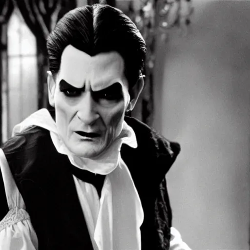 Image similar to charlie sheen as dracula in the 1 9 2 2 film, black and white