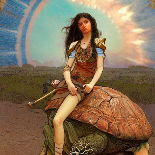 Image similar to a little warrior girl sitting on top of one giant turtle that is walking in the desert. the girl has dark skin and beautiful green eyes, realistic full body and a very beautiful detailed symmetrical face with long black hair. diffuse light, dramatic sky and landscape, long shot fantasy illustration by mucha