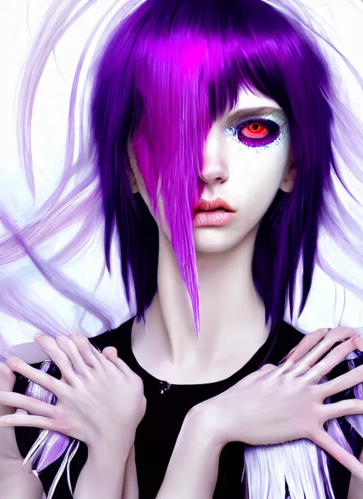 Image similar to hair whitebangs hair, black cyberlox, portrait of normal teenage girl, white bangs, messy bangs, fluffy bangs, cyberlox, whitebangs, red irises, purple background, intricate, elegant, highly detailed, digital painting, artstation, concept art, sharp focus, smooth, illustration, art by wlop, mars ravelo and greg rutkowski