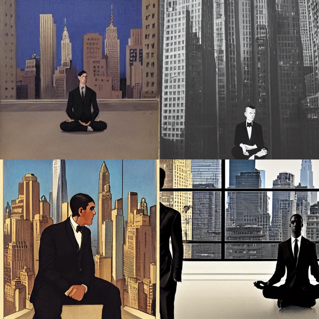 Image similar to man in black suit, meditation pose, new york buildings, city view, leyendecker style