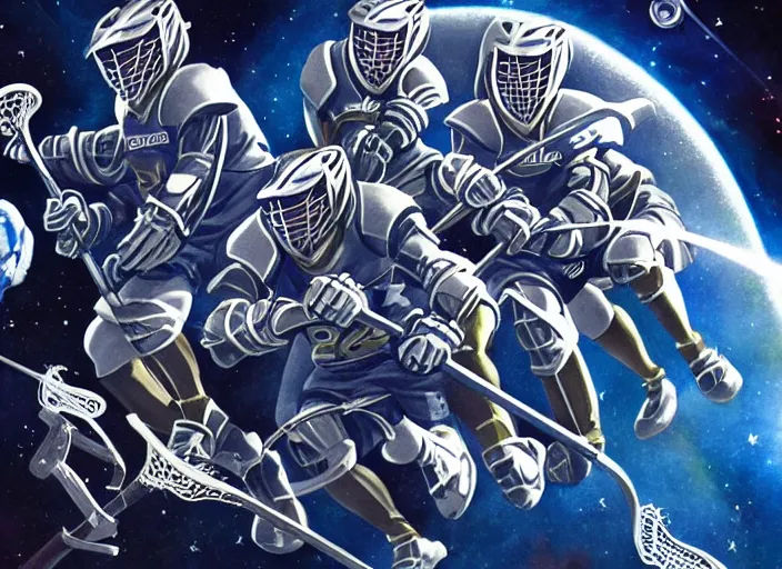 Image similar to lacrosse team chitauri, playing intergalactic championship, in space, highly detailed, 8k, intricate, award winning.