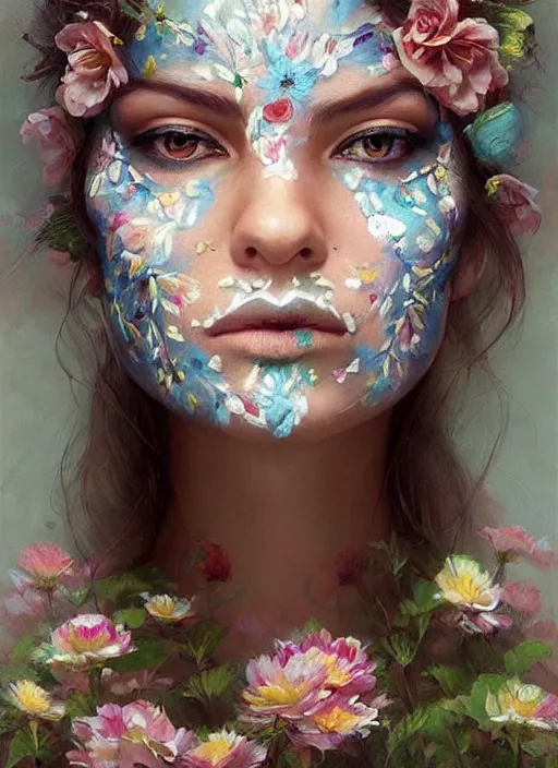 Image similar to a woman with her face painted. face painting of flowers. beautiful highly detailed face. painting by artgerm and greg rutkowski and magali villanueve.