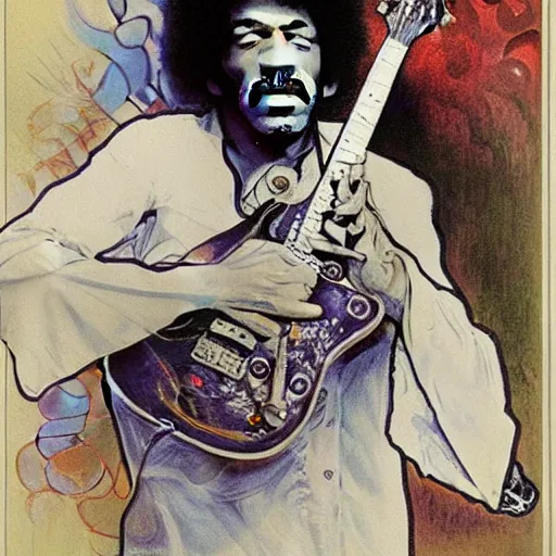 Image similar to Jimy Hendrix playing electric guitar by Alfons Mucha, masterpiece