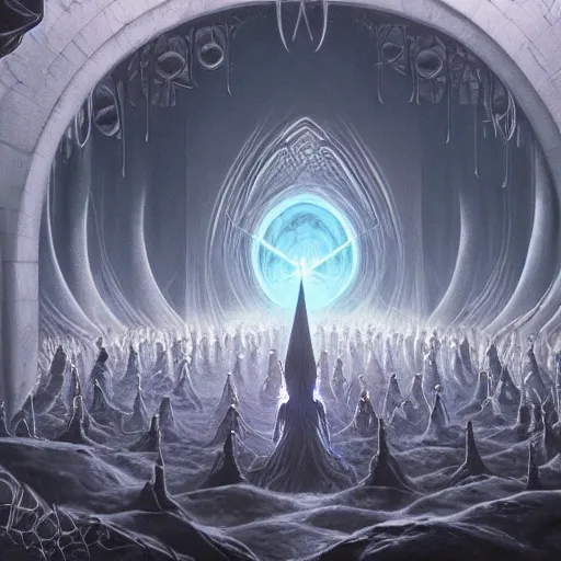 Image similar to a quantum computer surrounded by a dark cabal of multiple hooded elven mystics in long dark robes gathered in a circular formation, dan seagrave art, michael whelan, artstation, cgsociety, epic scifi fantasy art