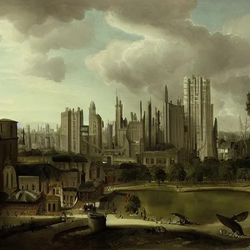 Image similar to by pieter claesz gouache tired. conceptual art. a cityscape in which tall, imposing buildings loom over a small city park. the scene is suffused with a eerie, light, & the overall effect is one of foreboding & menace.