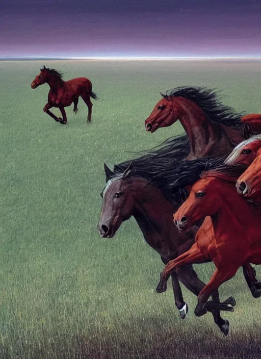 Image similar to three horses running in a field, by wayne barlowe,