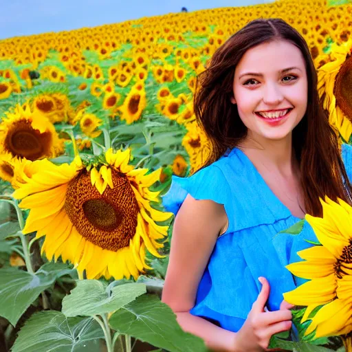 Prompt: Portrait, Graffiti of a Ukrainian girl Smiling at the camera, Beautiful pretty young, flowers in her dark hair, Scene: Sunflower field, Colors: Yellow sunflowers, blue cloudy sky, In a style of Graffiti tag