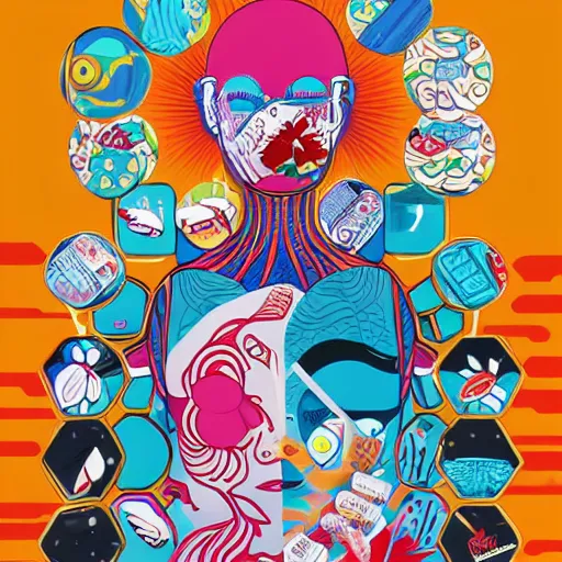 Prompt: pharmaceutical drugs by tristan eaton and james jean, chiho aoshima color scheme