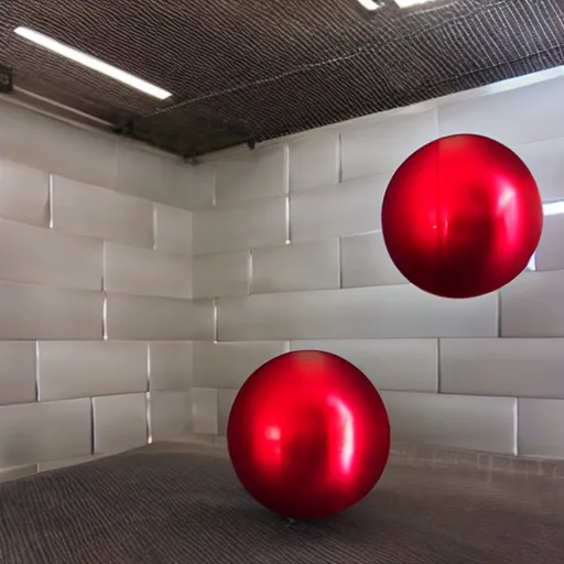 Prompt: stainless steel spheres on a red cube