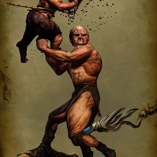 Image similar to grinning hybrid [ staffordshire terrier and man ] barbarian, fantasy warrior, drooling, rule of thirds, ultra detailed, 4 k, style of norman rockwell, style of richard corben.