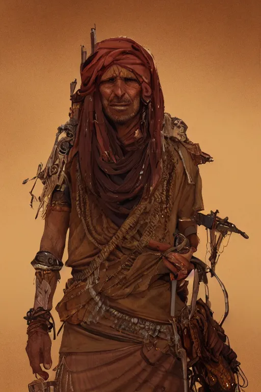 Prompt: a full body portrait of a beautiful post apocalyptic offworld desert bedouin blind retrofuturistic barbarian leper begging by the roadside, intricate, elegant, highly detailed, digital painting, artstation, concept art, smooth, sharp focus, illustration, art by krenz cushart and artem demura and alphonse mucha