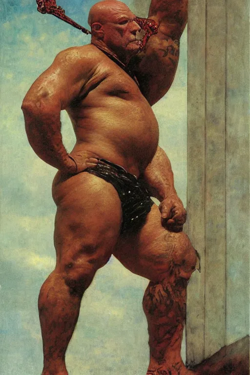 Image similar to full length portrait of morgan aste as an eight foot tall gangster by lawrence alma tadema and zdzislaw beksinski and norman rockwell and jack kirby and tom lovell and greg staples