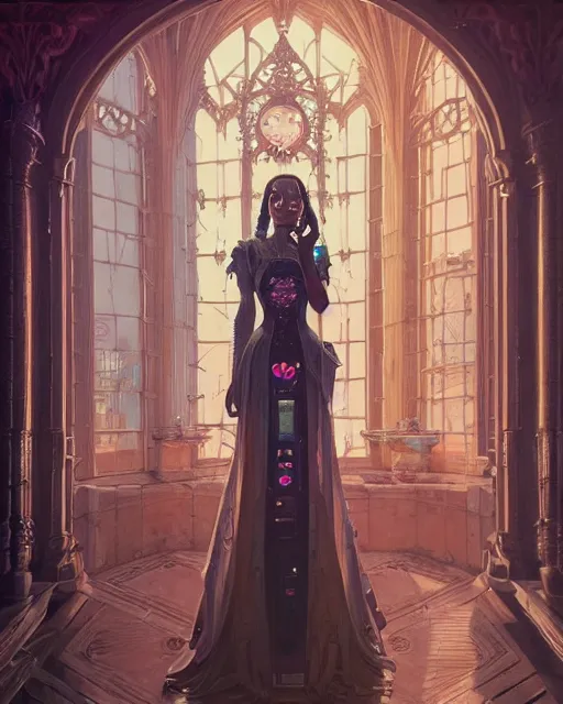 Image similar to highly detailed surreal vfx portrait of a cyberpunk queen in a majestic castle by grandfather clock, stephen bliss, unreal engine, greg rutkowski, loish, rhads, beeple, makoto shinkai and lois van baarle, ilya kuvshinov, rossdraws, tom bagshaw, alphonse mucha, global illumination, detailed and intricate environment