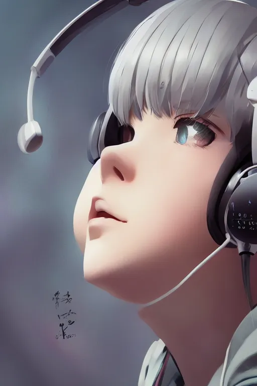 Prompt: a cute young woman listening to music with her eyes closed and wearing headphones in the style of Ilya Kuvshinov and Range Murata, white bob cut hair, freckles, dark thunderclouds in the backround, soft lighting, cinematic, moody, nier automata, poster, oil on canvas, 8k