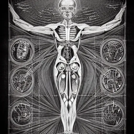 Image similar to anatomical diagram of spirituality, schematic, technical diagram, black paper, exceedingly insanely intricate, davinci, circuits, infographic, blueprint, illuminated manuscript, hand drawn, sketch