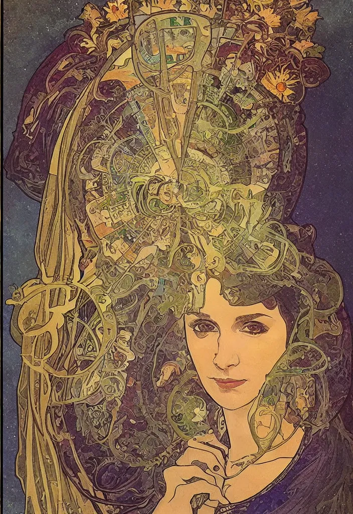 Image similar to Jurgen Schmidhuber on a tarot card, tarot in art style by Alphonse Mucha