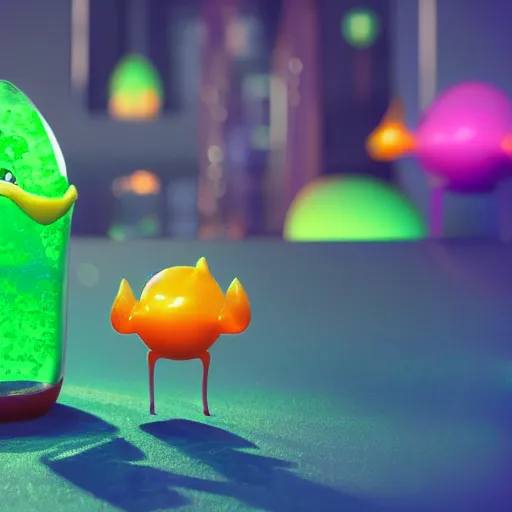 Prompt: lava lamp, gelatinous cute creature inside, happy, playful, vivid, globules, 8 k, octane render