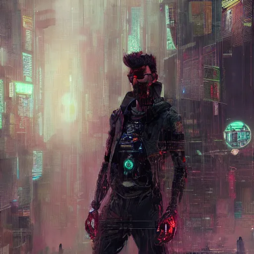 Prompt: highly detailed portrait of a cyberpunk hacker in a futuristic buddhist temple by wadim kashin, dark colors, high contrast
