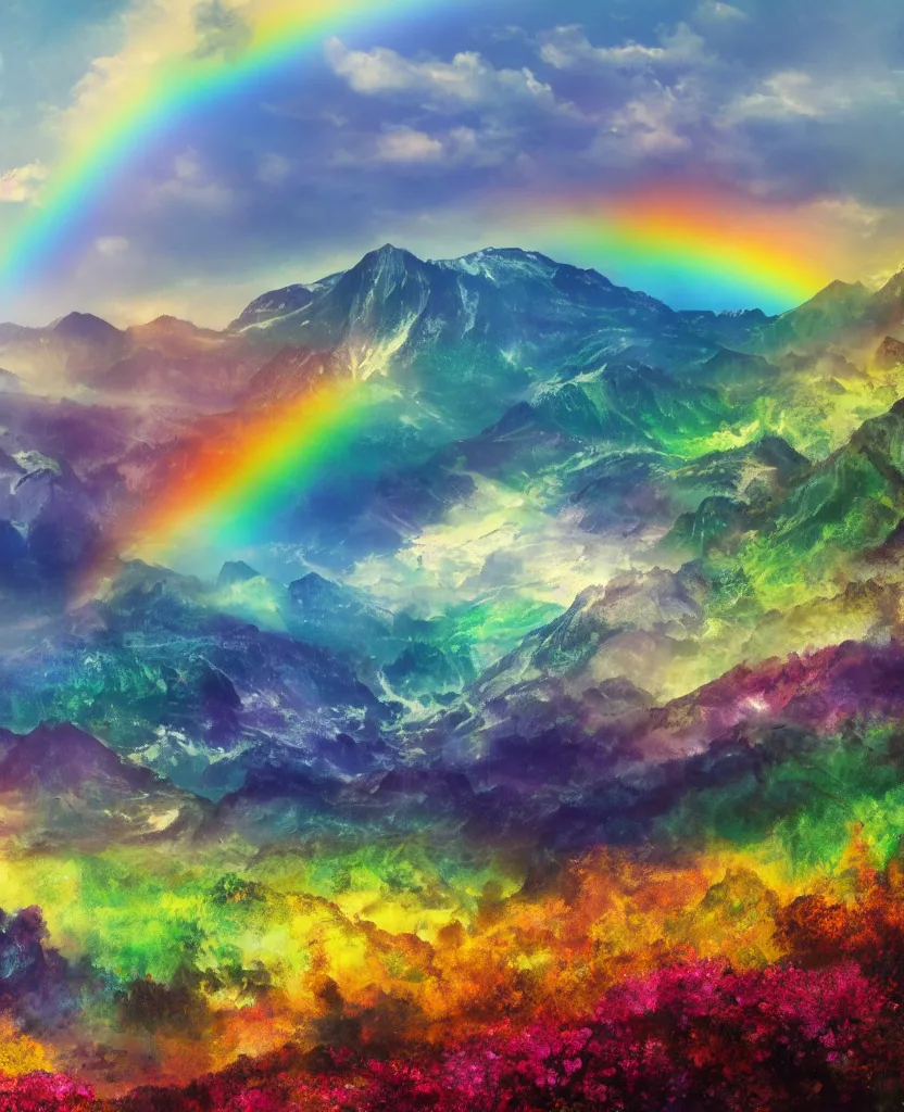 Image similar to enormously detailed hd photo of three parallel rainbows at horizon, landscape with mountains and flowers, concept art, high quality painting, 8K detail post-processing