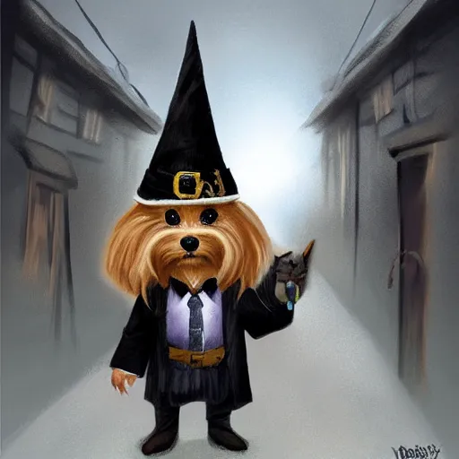 Image similar to detective yorkshire terrier wearing a wizard hat, in a dark alley, by D&D Concept Artists