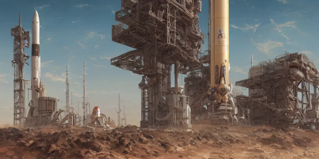 Prompt: anime spaceport rocket launch site in desert steampunk key by greg rutkowski ultrahd fantastic details