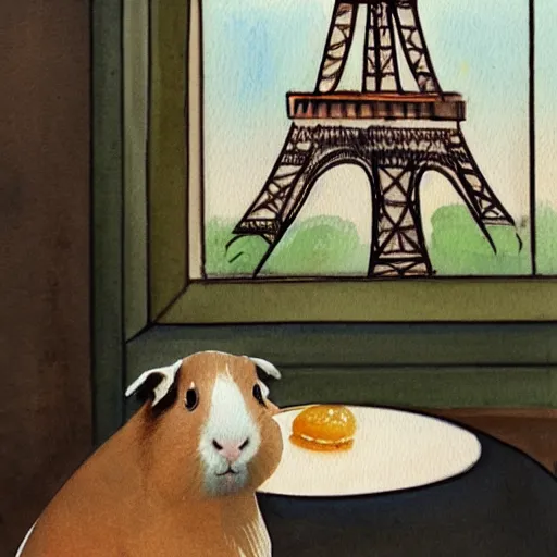 Image similar to a guinea pig sitting in a cafe in paris, it's evening, the eiffel tower is visible in the background, watercolour realism